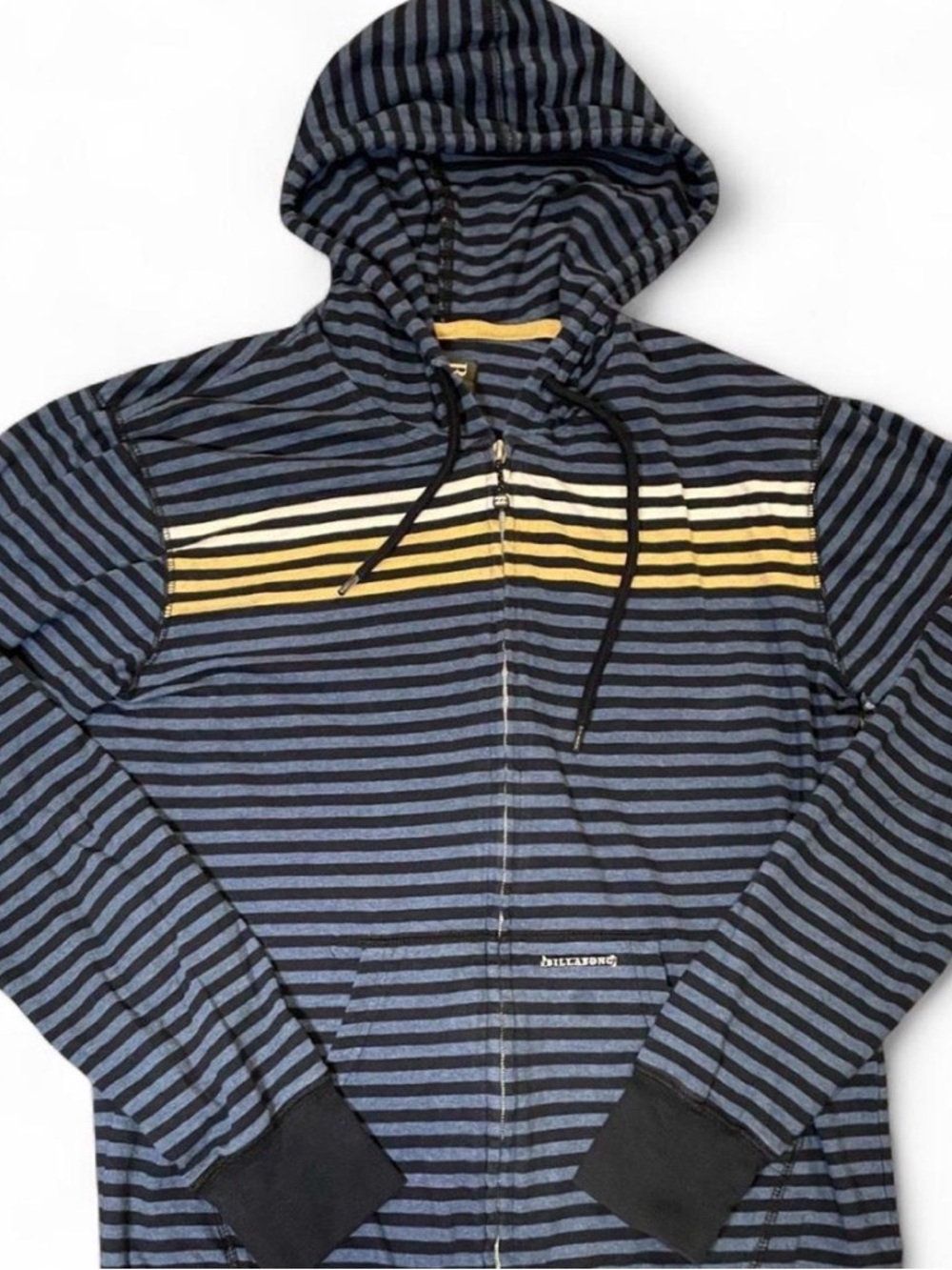 Billabong Men's Full Zip Striped Hoodie Blue and Navy Size Medium